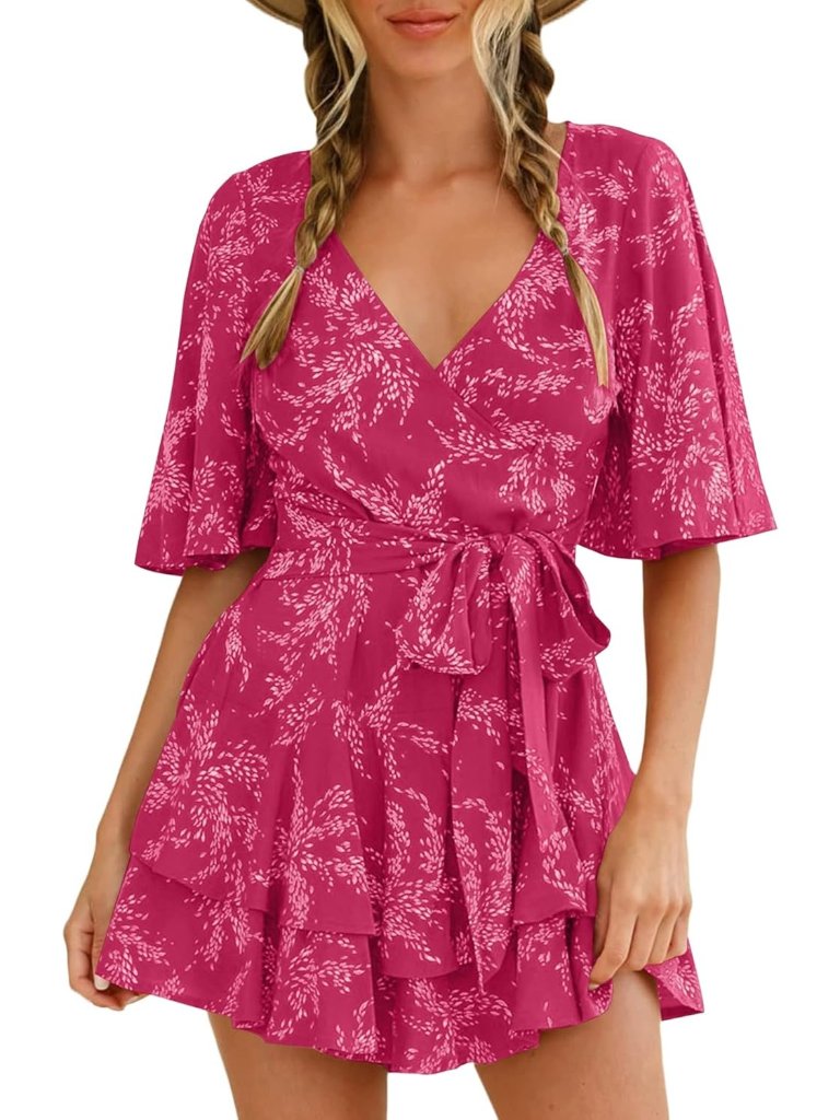 Women's Summer Short Rose Red Flared Sleeve Romper V Neck Floral Print Jumpsuit